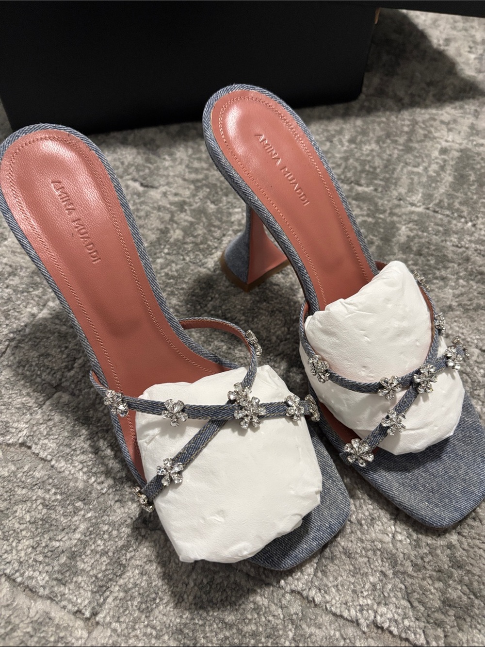 Amina Muaddi Denim Crystal-Strap Mules with Pink Insoles